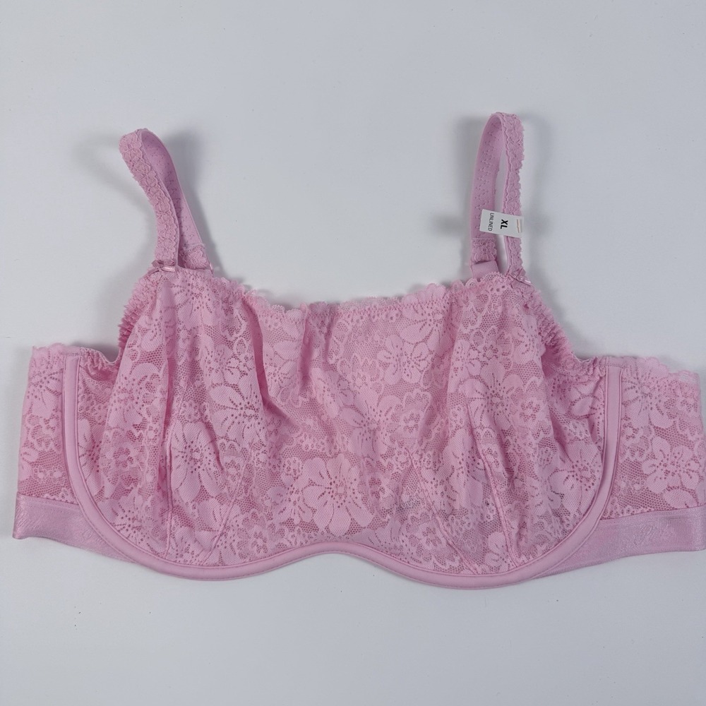 Victoria's Secret PINK Wink Unlined Scoop Bra Pink Floral Lace Sheer XL NWT